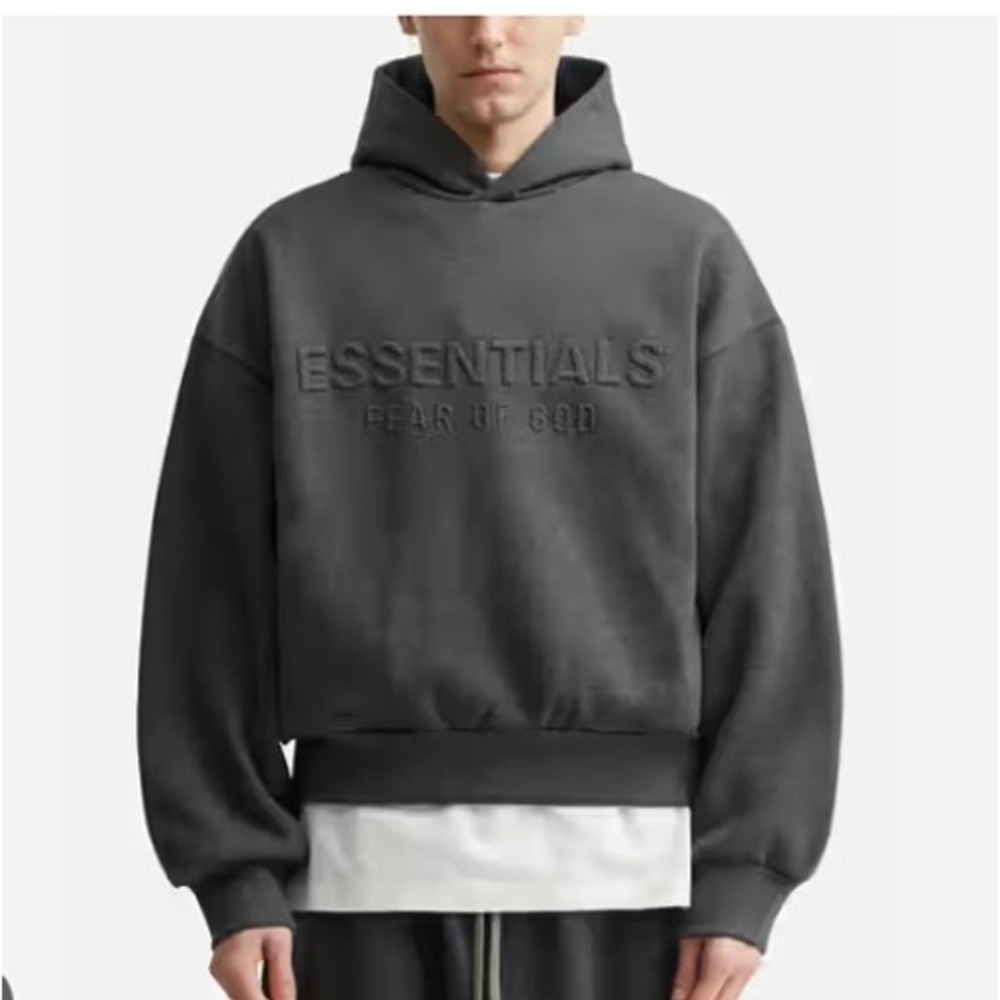 NWT Fear of God Essentials Mens Logo Embossed Hoodie Dark Grey Heather XL